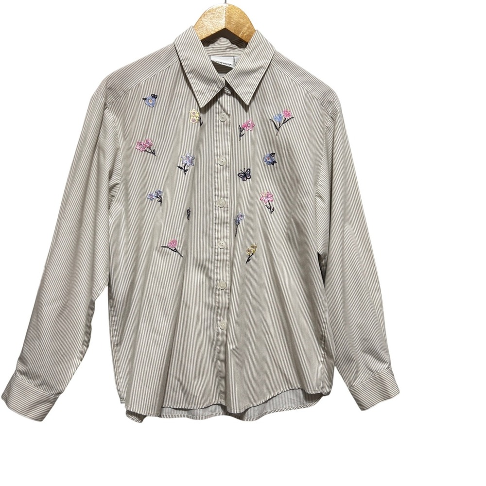 Koret Women Cottage Grandmacore Button Up Top L Tan Floral Embroidered Pinstripe